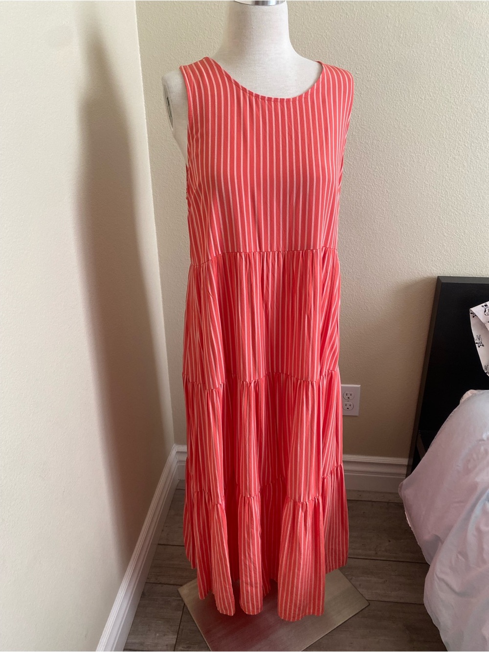 a new day Coral and White Striped Tiered Maxi Dress